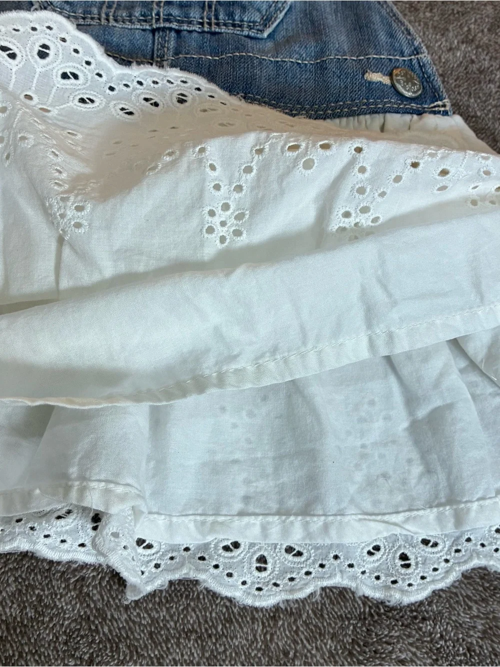 OshKosh B'gosh Denim Bib Jumper Overall Dress White Eyelet Size 18 Months